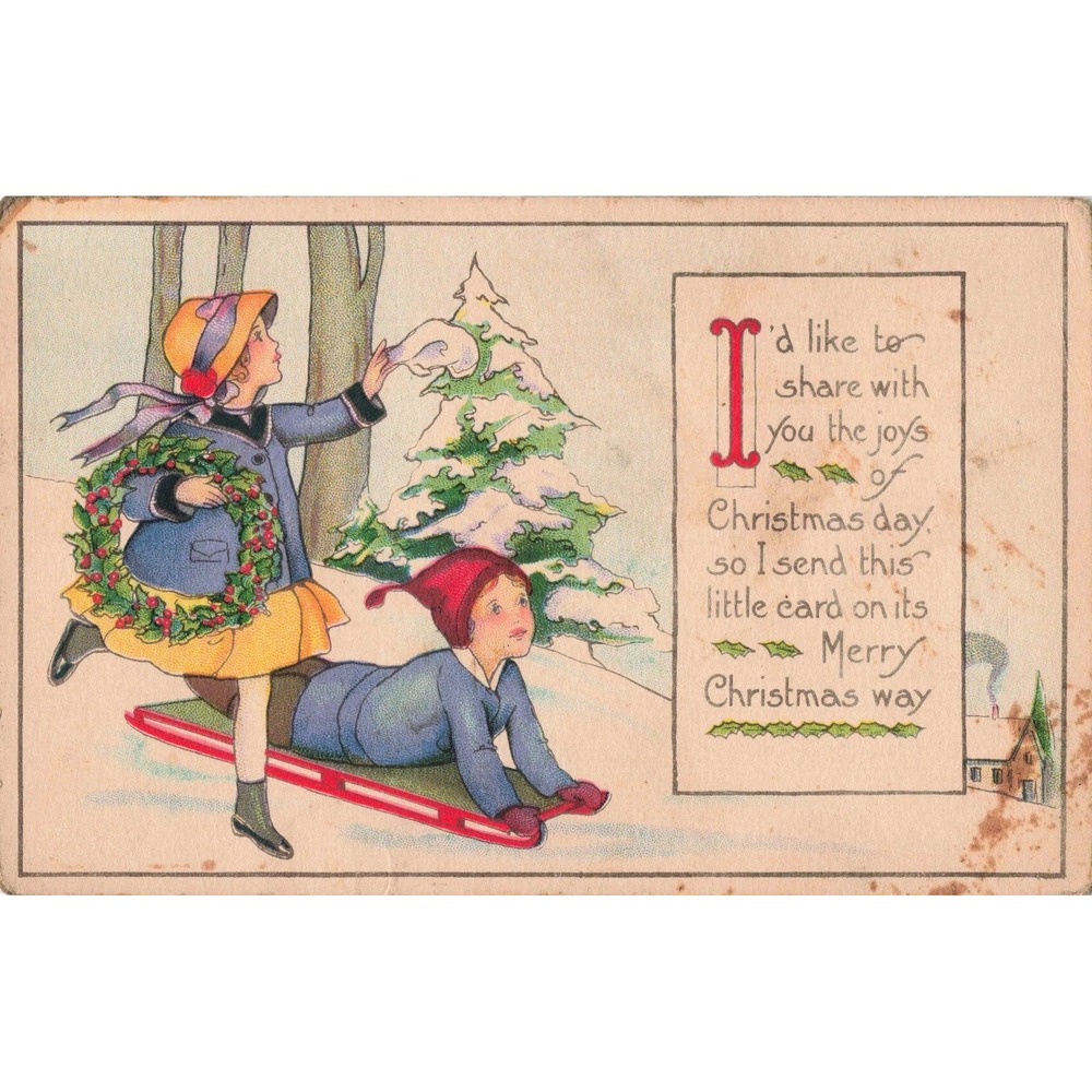 Christmas Postcard Series 749 D Children Sledding Wreath c1910 Divided Back